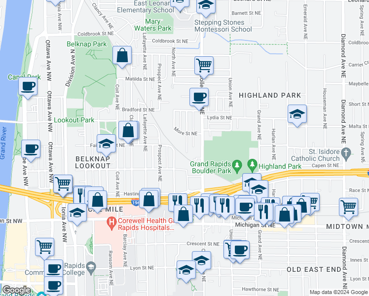 map of restaurants, bars, coffee shops, grocery stores, and more near 645 Sinclair Avenue Northeast in Grand Rapids