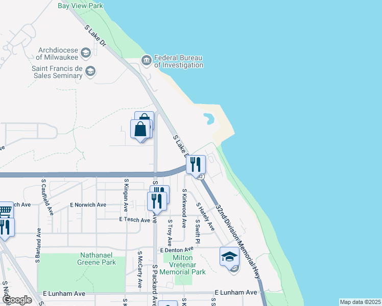 map of restaurants, bars, coffee shops, grocery stores, and more near 3840 South Lake Drive in Saint Francis