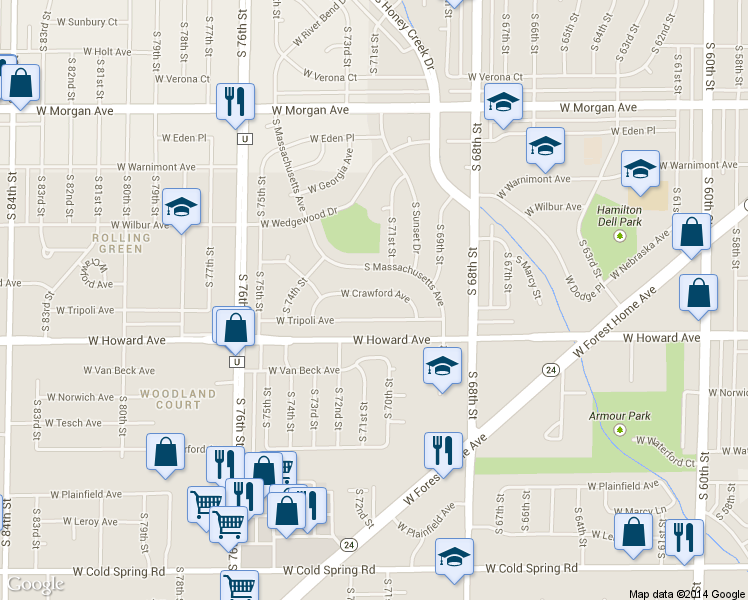 map of restaurants, bars, coffee shops, grocery stores, and more near 7101 West Crawford Avenue in Milwaukee