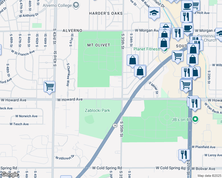 map of restaurants, bars, coffee shops, grocery stores, and more near 3835 South 36th Street in Greenfield