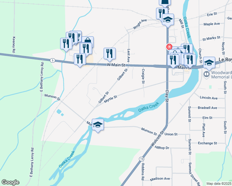 map of restaurants, bars, coffee shops, grocery stores, and more near 47 Gilbert Street in Le Roy