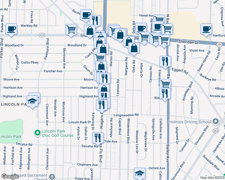 map of restaurants, bars, coffee shops, grocery stores, and more near 91 Marion Rd in Buffalo