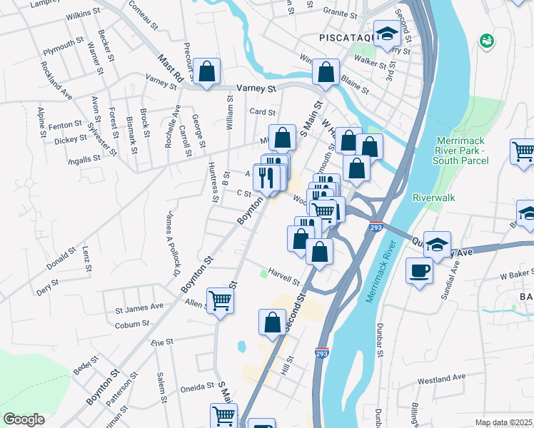 map of restaurants, bars, coffee shops, grocery stores, and more near 500 South Main Street in Manchester