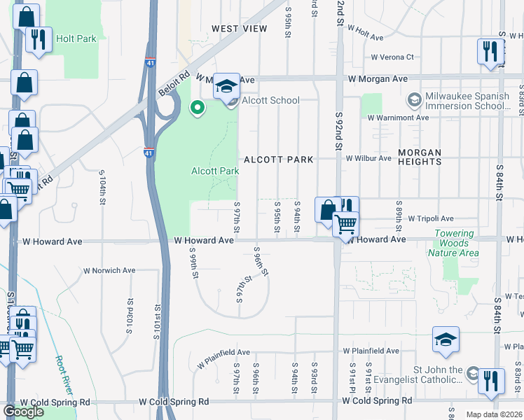 map of restaurants, bars, coffee shops, grocery stores, and more near 3816 South 96th Street in Milwaukee