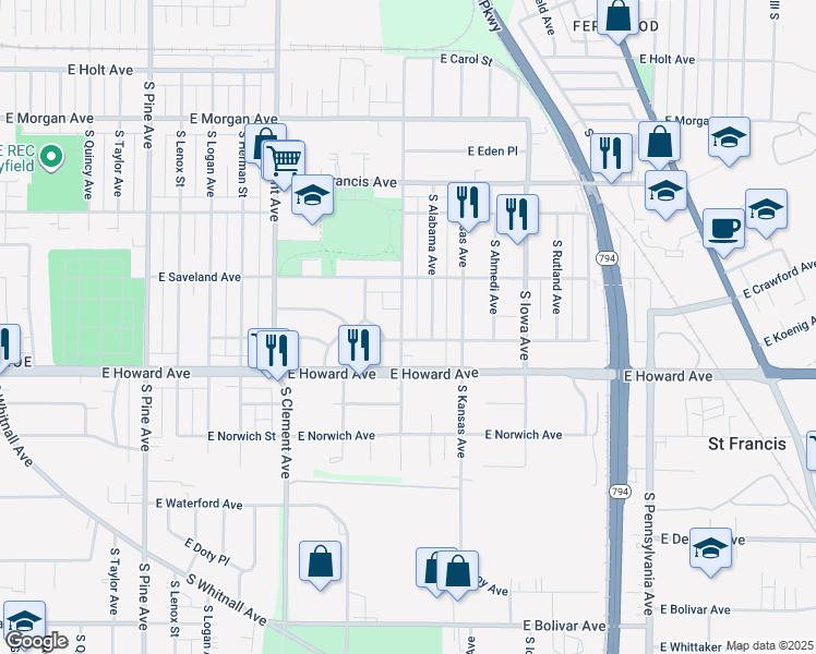 map of restaurants, bars, coffee shops, grocery stores, and more near 3822 South Brust Avenue in Milwaukee