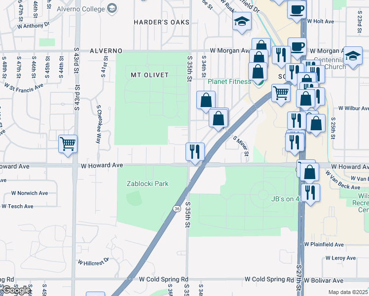 map of restaurants, bars, coffee shops, grocery stores, and more near 3833 South 35th Street in Greenfield
