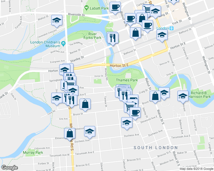 map of restaurants, bars, coffee shops, grocery stores, and more near 103 Wortley Road in London