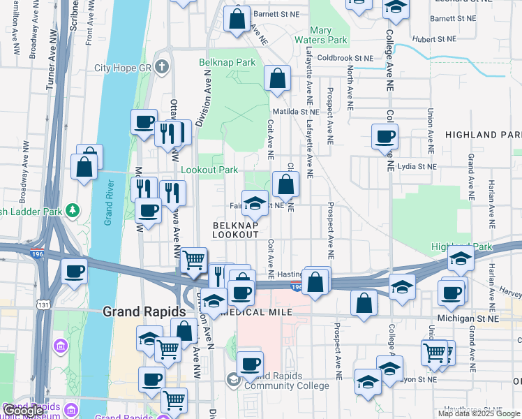 map of restaurants, bars, coffee shops, grocery stores, and more near 122 Fairbanks Street Northeast in Grand Rapids