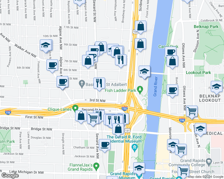 map of restaurants, bars, coffee shops, grocery stores, and more near 451 4th Street Northwest in Grand Rapids