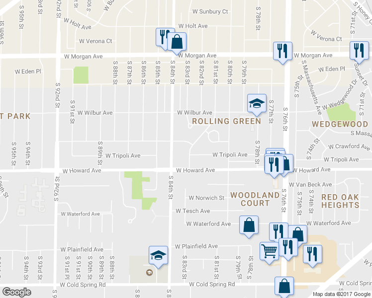 map of restaurants, bars, coffee shops, grocery stores, and more near 3817 South 83rd Street in Milwaukee