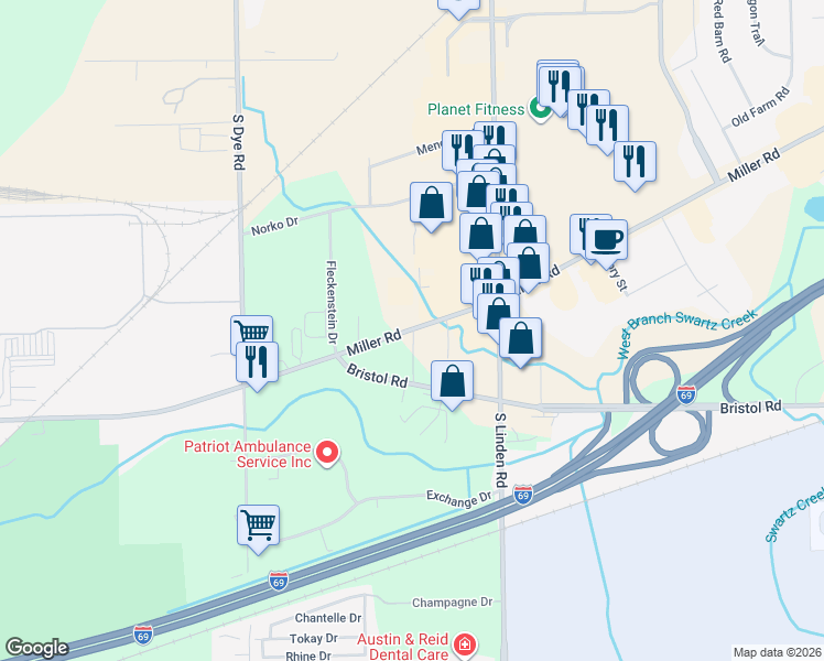 map of restaurants, bars, coffee shops, grocery stores, and more near 5085 Miller Road in Flint