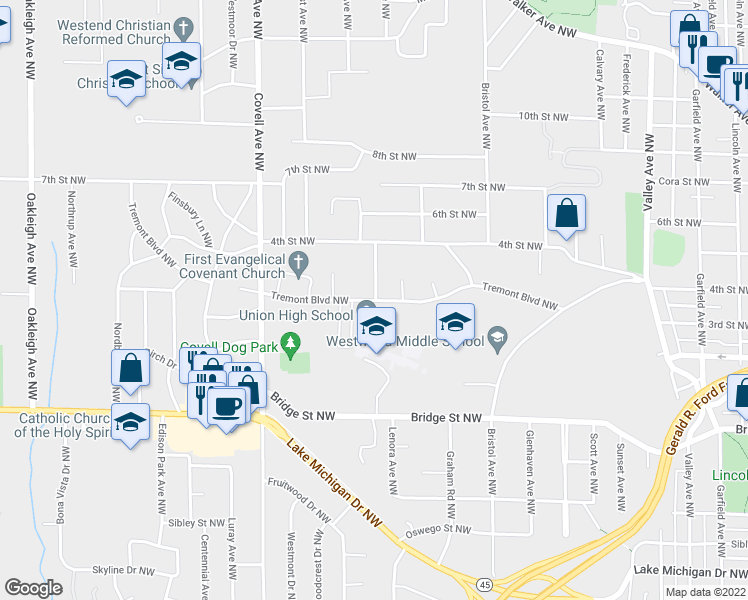 map of restaurants, bars, coffee shops, grocery stores, and more near in Grand Rapids