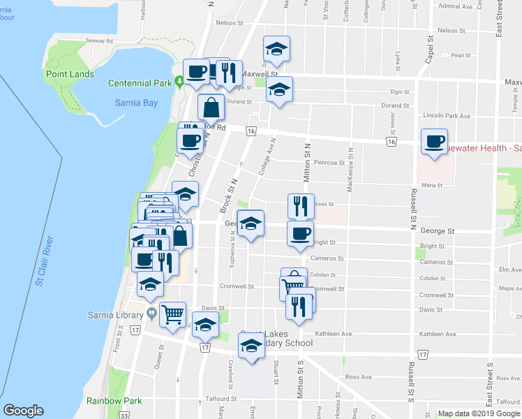 map of restaurants, bars, coffee shops, grocery stores, and more near 227 Forsyth Street North in Sarnia