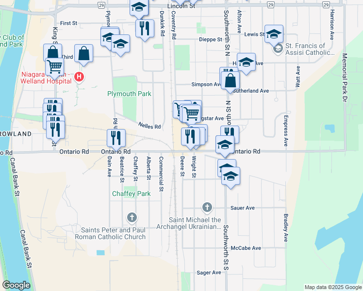map of restaurants, bars, coffee shops, grocery stores, and more near 825 Ontario Road in Welland