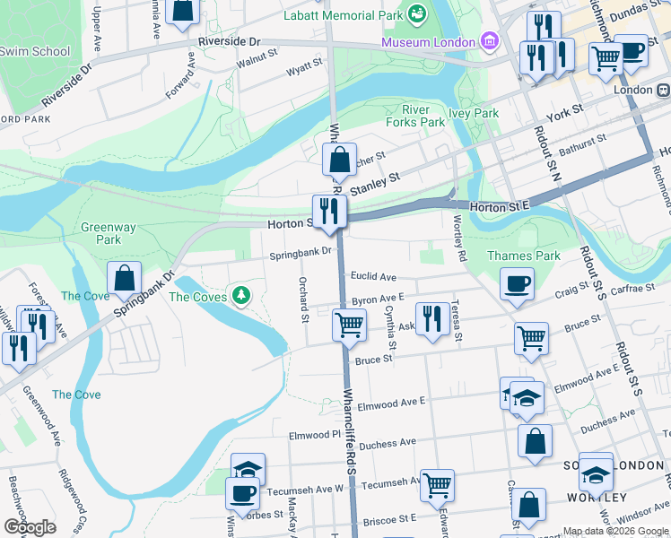 map of restaurants, bars, coffee shops, grocery stores, and more near 97 Wharncliffe Road South in London