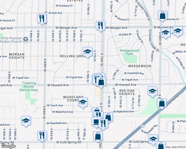 map of restaurants, bars, coffee shops, grocery stores, and more near 3827 South 77th Street in Milwaukee