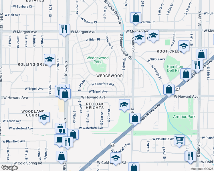 map of restaurants, bars, coffee shops, grocery stores, and more near 7101 West Crawford Avenue in Milwaukee