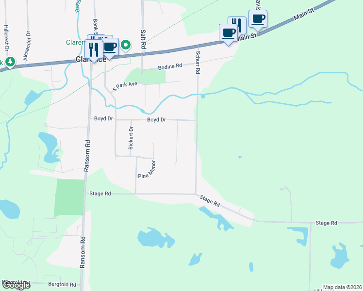 map of restaurants, bars, coffee shops, grocery stores, and more near 4725 Margaret Drive in Clarence