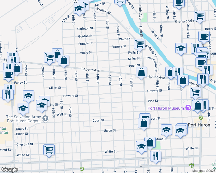map of restaurants, bars, coffee shops, grocery stores, and more near 1320 Gillett Street in Port Huron