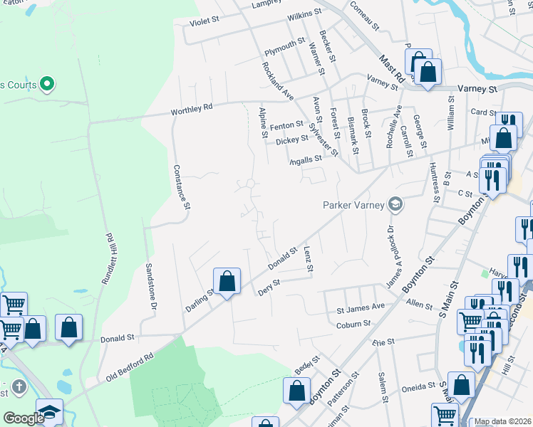 map of restaurants, bars, coffee shops, grocery stores, and more near 16 American Beauty Lane in Bedford