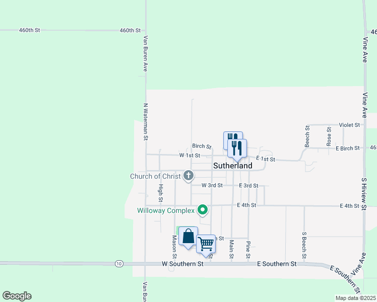 map of restaurants, bars, coffee shops, grocery stores, and more near 300 West 1st Street in Sutherland