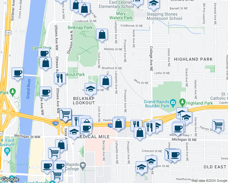map of restaurants, bars, coffee shops, grocery stores, and more near 647 Lafayette Avenue Northeast in Grand Rapids