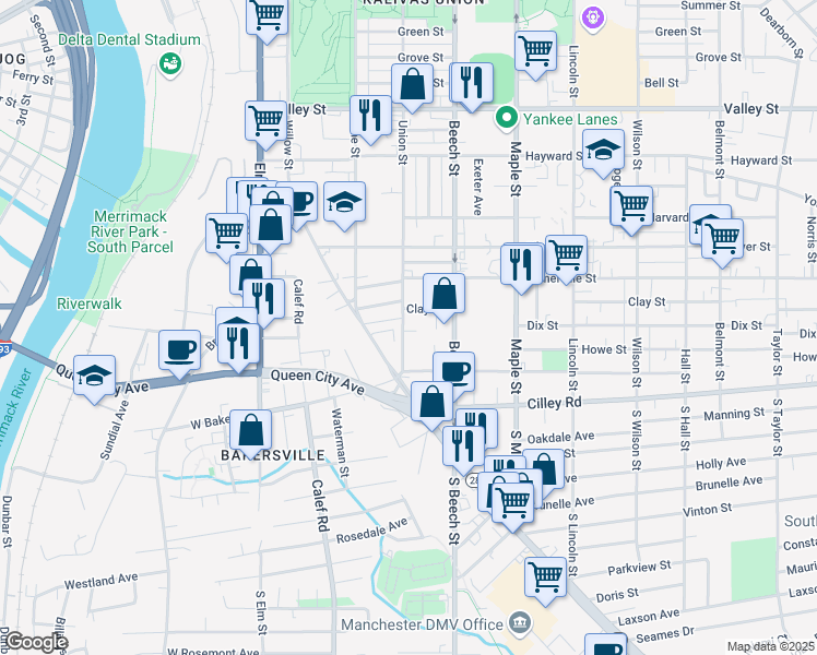 map of restaurants, bars, coffee shops, grocery stores, and more near 49 Union Street in Manchester