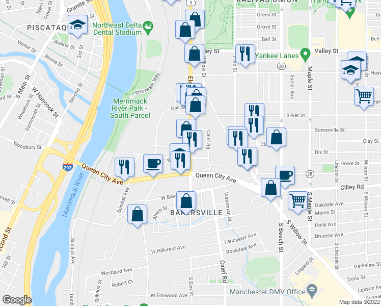 map of restaurants, bars, coffee shops, grocery stores, and more near 37 Elm Street in Manchester