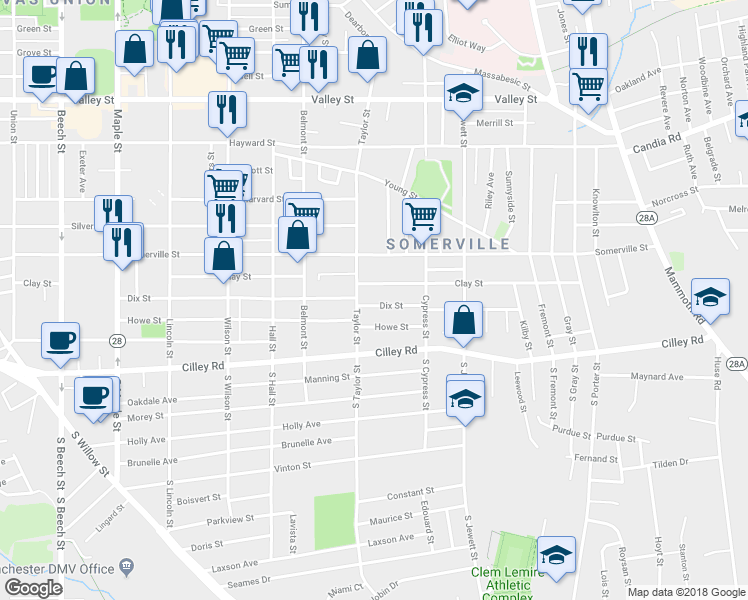 map of restaurants, bars, coffee shops, grocery stores, and more near 820 Dix Street in Manchester