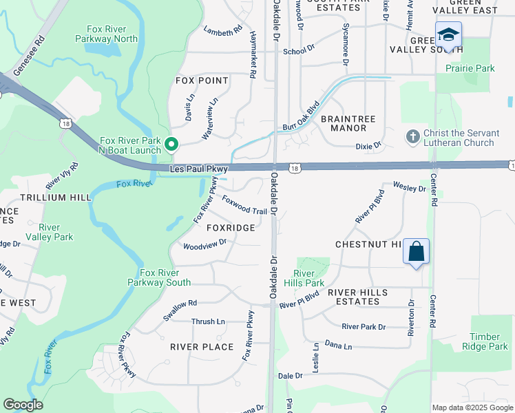 map of restaurants, bars, coffee shops, grocery stores, and more near 1208 Foxwood Trail in Waukesha