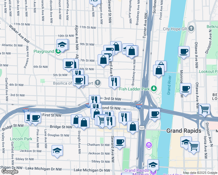 map of restaurants, bars, coffee shops, grocery stores, and more near 601 4th Street Northwest in Grand Rapids