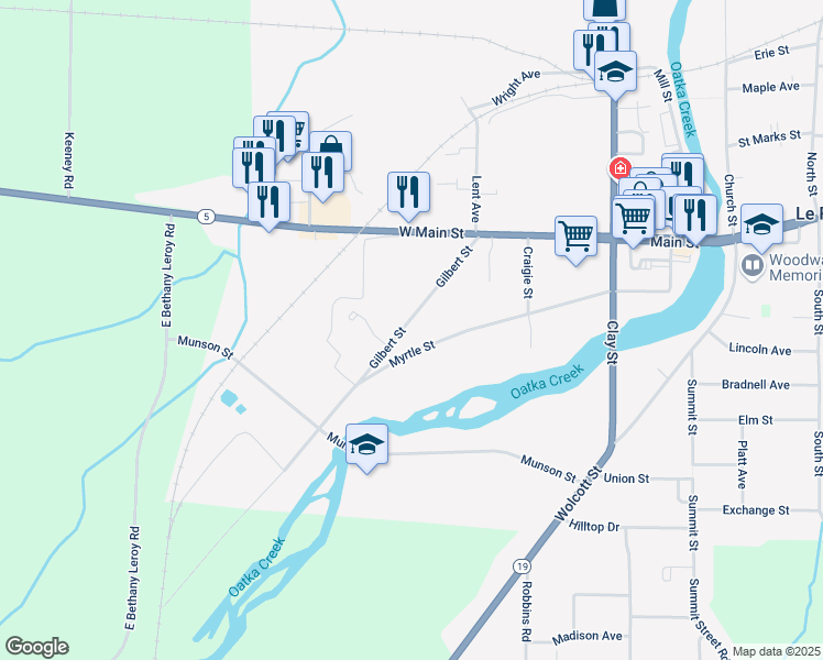 map of restaurants, bars, coffee shops, grocery stores, and more near 47 Gilbert Street in Le Roy