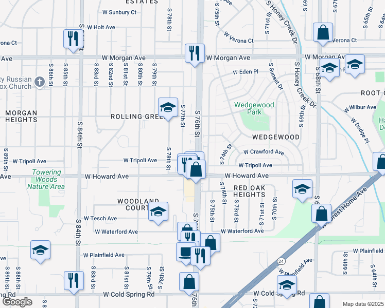 map of restaurants, bars, coffee shops, grocery stores, and more near 3821 South 76th Street in Milwaukee