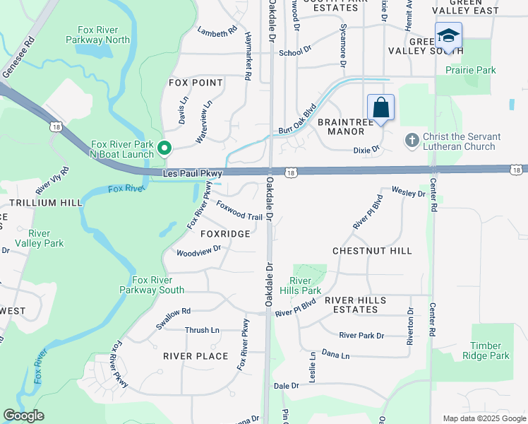 map of restaurants, bars, coffee shops, grocery stores, and more near 1200 Foxwood Trail in Waukesha