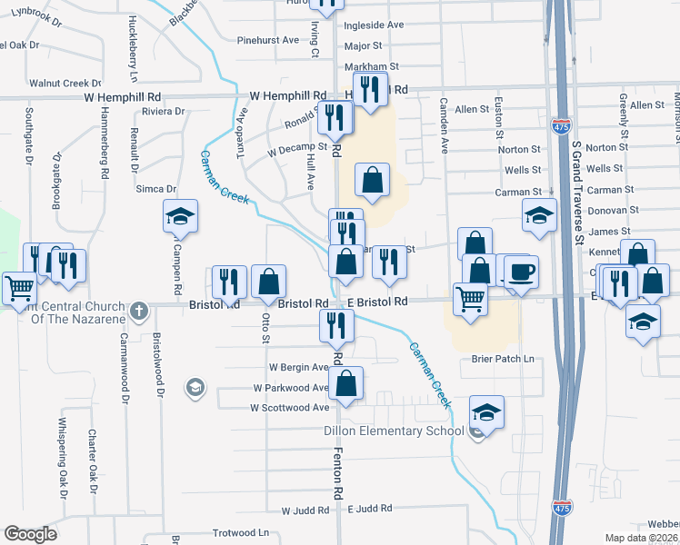 map of restaurants, bars, coffee shops, grocery stores, and more near 3493 Fenton Road in Burton