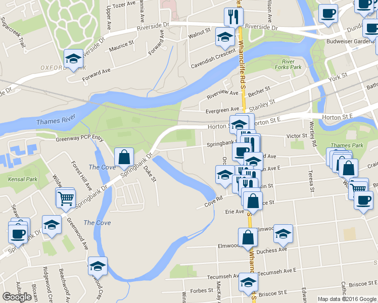 map of restaurants, bars, coffee shops, grocery stores, and more near 78 Springbank Drive in London