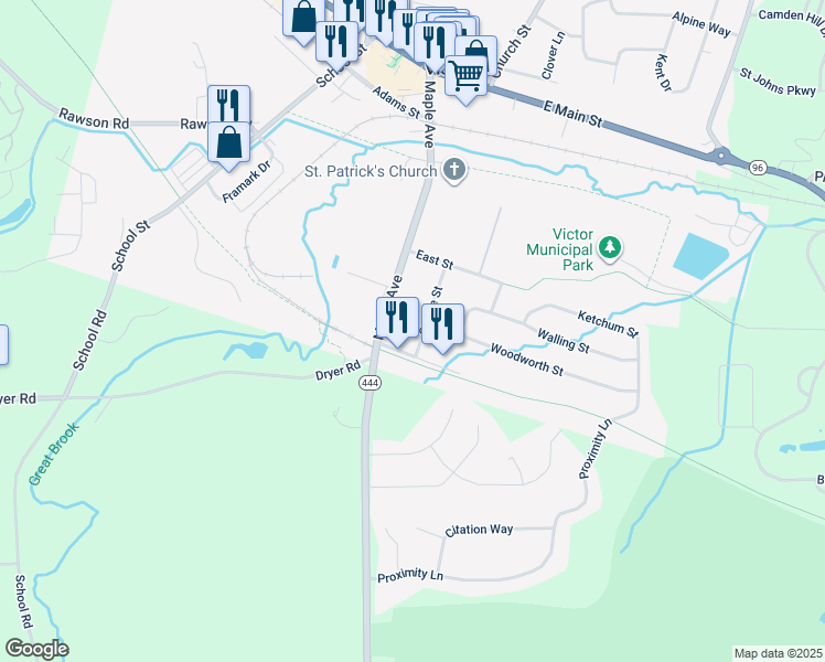 map of restaurants, bars, coffee shops, grocery stores, and more near 78 Coville St in Victor