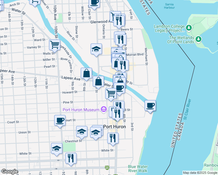 map of restaurants, bars, coffee shops, grocery stores, and more near 526 Water Street in Port Huron