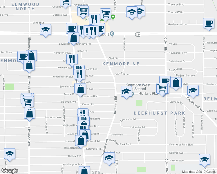 map of restaurants, bars, coffee shops, grocery stores, and more near 120 Linden Avenue in Buffalo