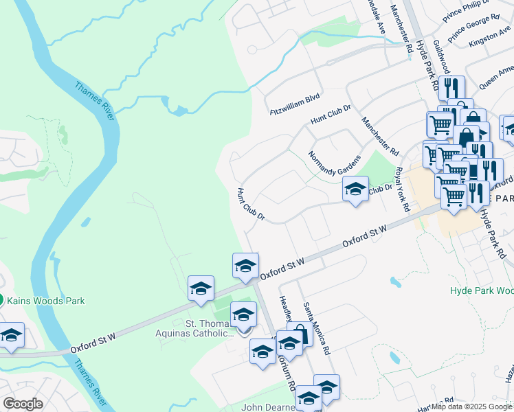 map of restaurants, bars, coffee shops, grocery stores, and more near 121 Hunt Club Drive in London