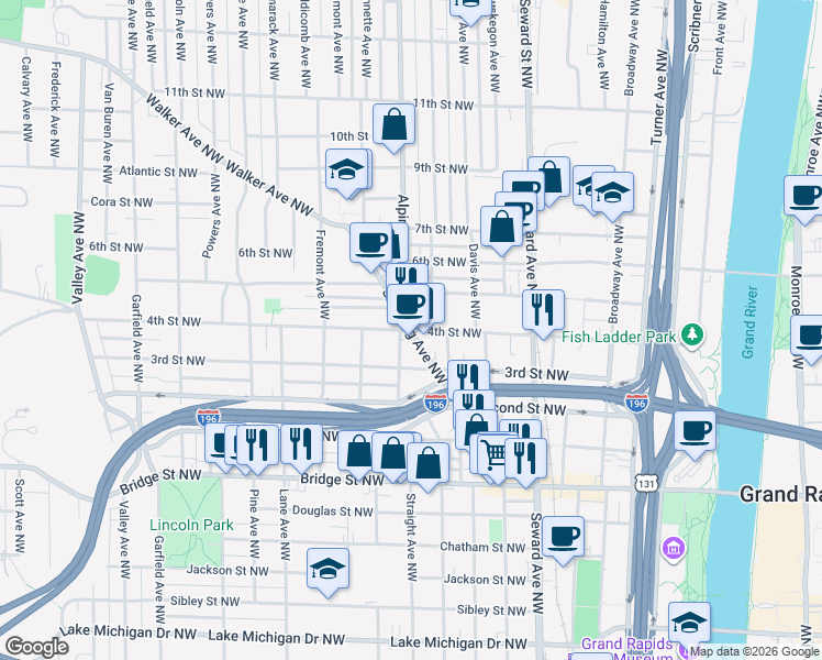 map of restaurants, bars, coffee shops, grocery stores, and more near Stocking Ave NW & 4th St NW in Grand Rapids