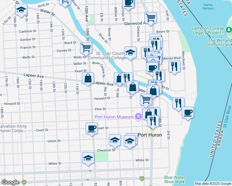 map of restaurants, bars, coffee shops, grocery stores, and more near 825 8th Street in Port Huron