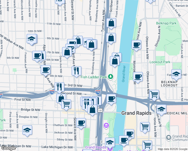 map of restaurants, bars, coffee shops, grocery stores, and more near 433 4th Street Northwest in Grand Rapids