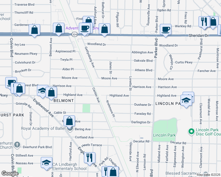 map of restaurants, bars, coffee shops, grocery stores, and more near 225 Harrison Avenue in Buffalo