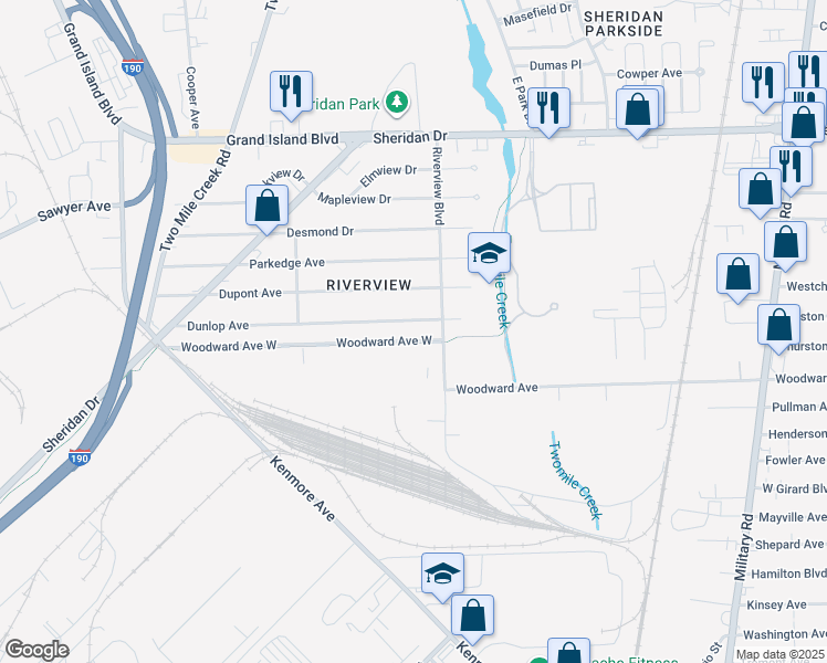map of restaurants, bars, coffee shops, grocery stores, and more near 257 Dunlop Avenue in Tonawanda