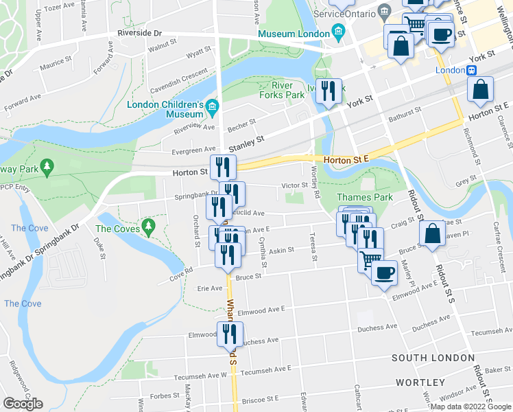 map of restaurants, bars, coffee shops, grocery stores, and more near in London