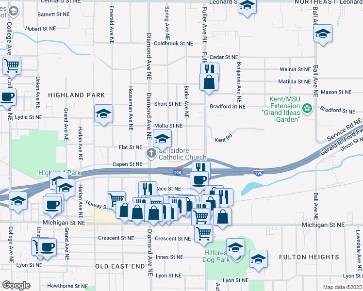 map of restaurants, bars, coffee shops, grocery stores, and more near 644 Spring Avenue Northeast in Grand Rapids
