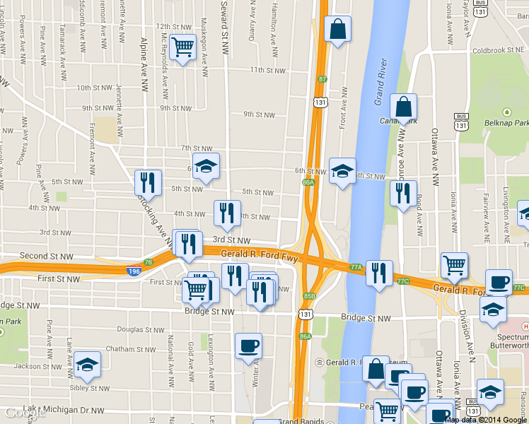 map of restaurants, bars, coffee shops, grocery stores, and more near 433 4th Street Northwest in Grand Rapids