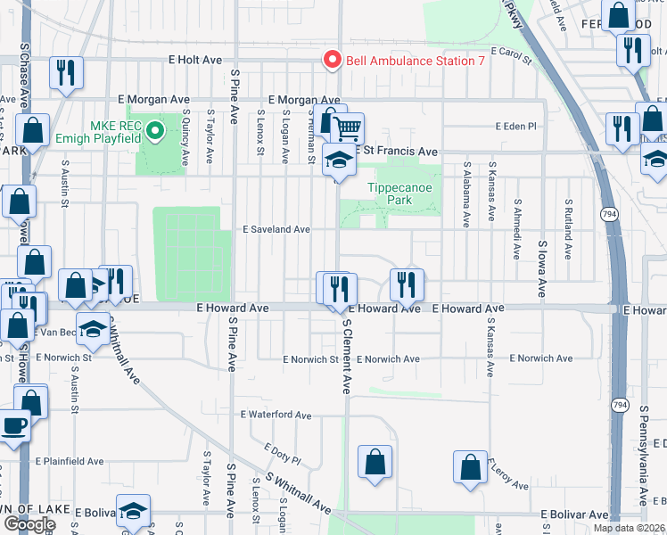 map of restaurants, bars, coffee shops, grocery stores, and more near in Milwaukee County