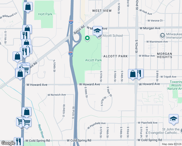 map of restaurants, bars, coffee shops, grocery stores, and more near 9734 West Tripoli Avenue in Milwaukee